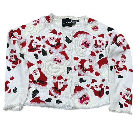 Michael Simon Sweaters - Michael Simon Here Comes Santa Claus Cardigan Sweater Size Small Christmas White